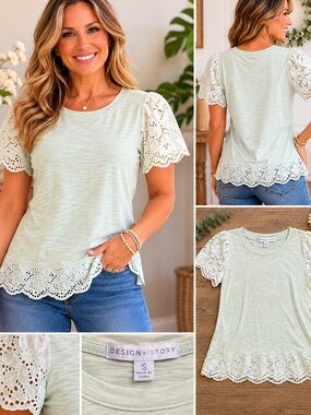 Design History Mint Green Eyelet Lace Sleeve Top